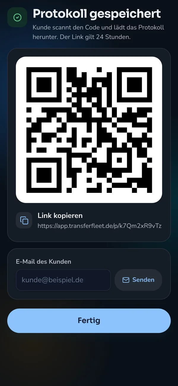 Fahrer-App: QR-Code, mit dem der Kunde das Protokoll herunterlädt