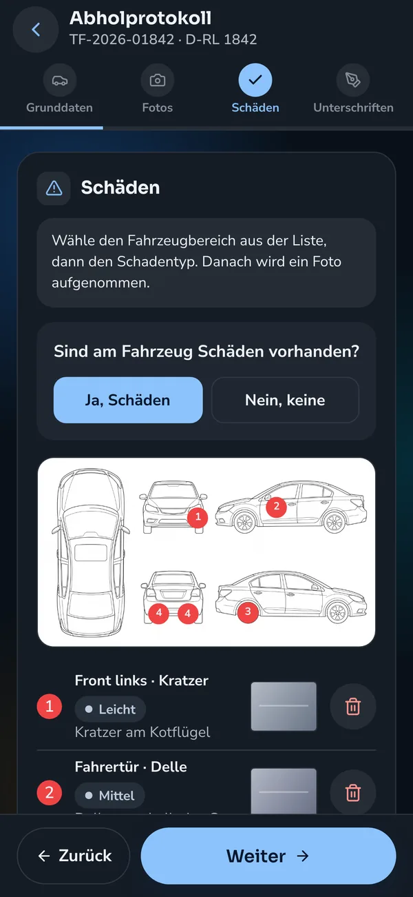Fahrer-App: Abholprotokoll mit markierten Schäden an der Fahrzeugskizze