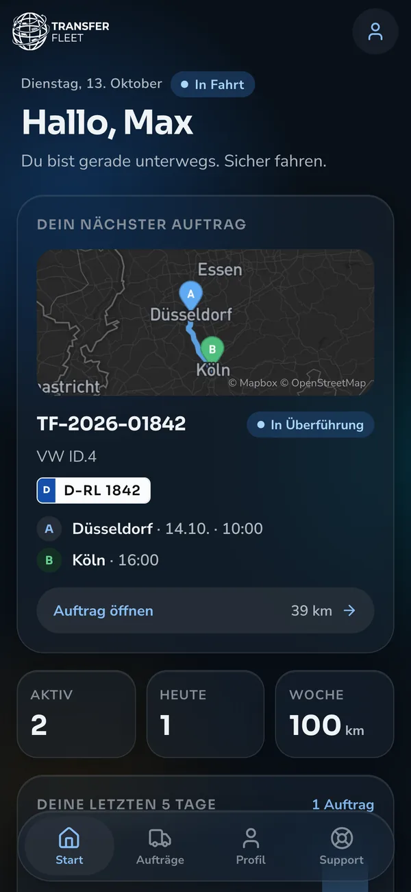 TransferFleet Fahrer-App: Startseite mit dem nächsten Auftrag auf der Karte
