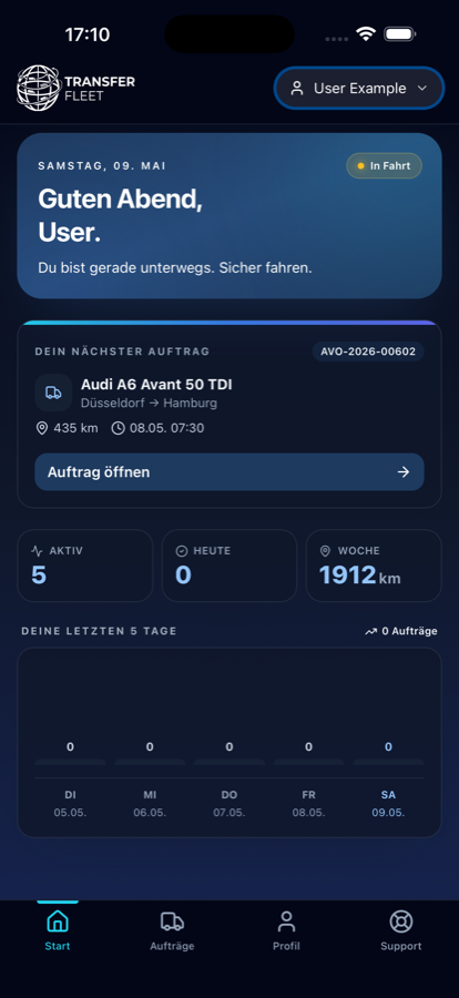 TransferFleet Fahrer-App Home