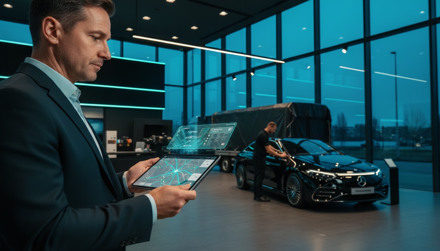 Autohaus-Manager mit Tablet, Live-Routenübersicht im modernen Showroom