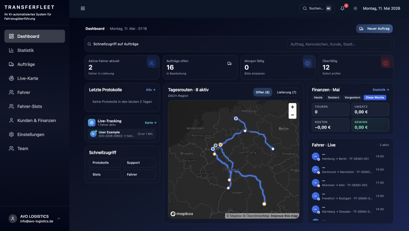TransferFleet Disponenten-Dashboard mit Live-Karte und aktiven Routen